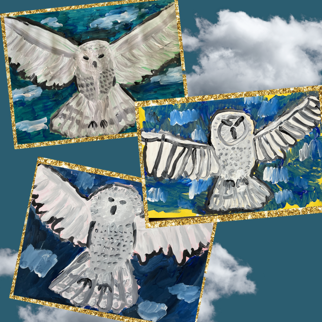 snowy owl art project - all 3 finished